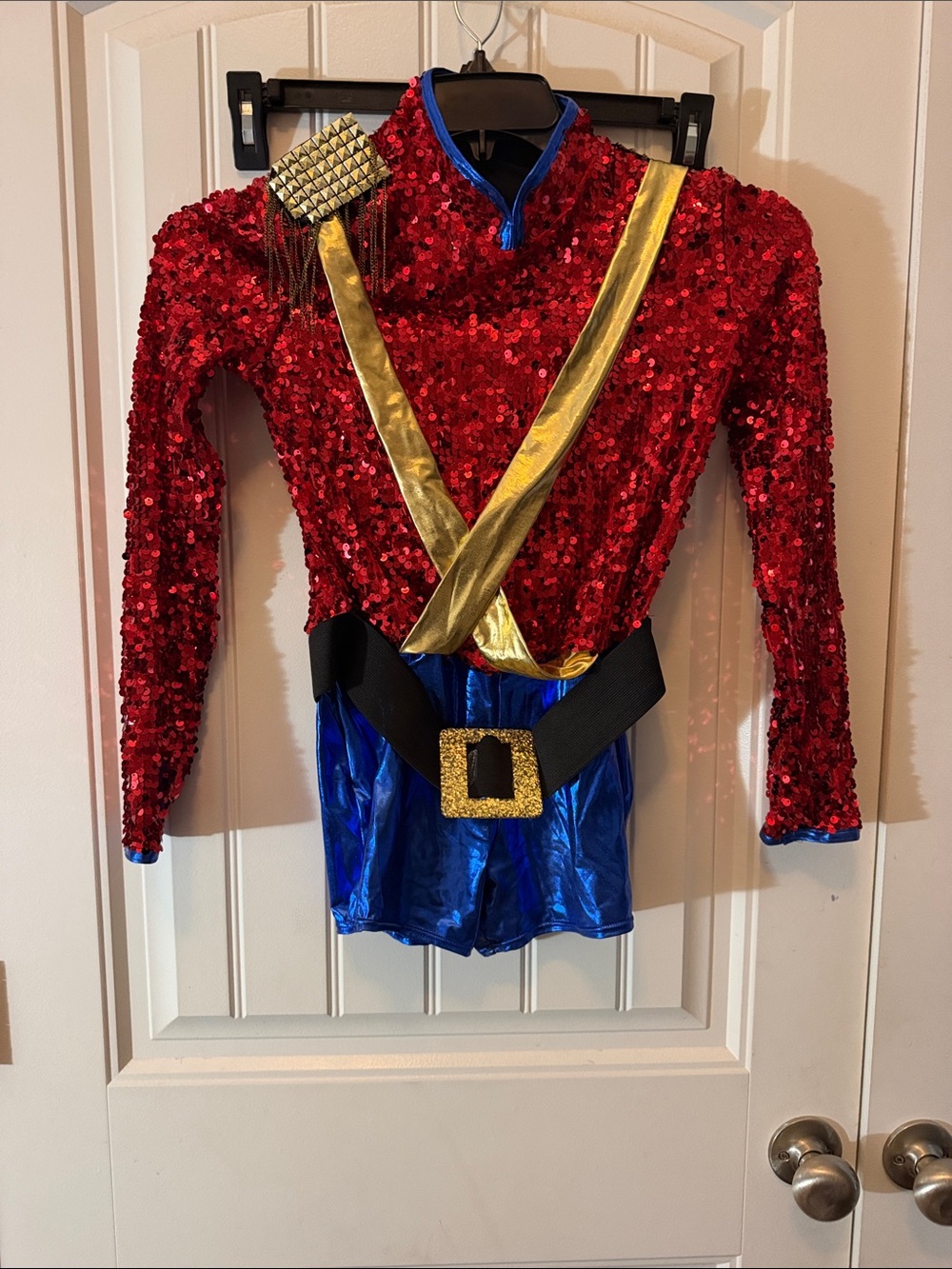 Weissman Red Sequin and Blue Metallic Dance Costume with Gold Accents